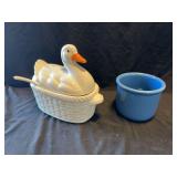Ceramic Duck Tureen with Ladle and Blue Pottery Crock