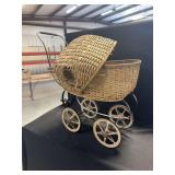 Wicker Doll Carriage with Metal Frame and Spoked Wheels