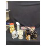 Mixed Decorative Grouping Featuring Figural Cat Items, Ceramic Vases, and Angel Statues