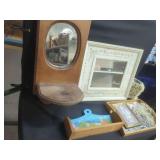 Assorted Home Decor Grouping Featuring Wooden Wall Mirror Shelf, Framed Wall Mirror, and Decorative Tray