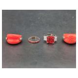 Four-Piece Red and Silver-Tone Fashion Ring Grouping