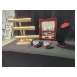 Jewelry Display Fixtures Including Triple Tier Wood Grain Stand, Black Velvet Bust, Heart Stands, and Red Framed Mirror