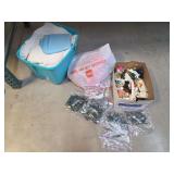 Box of Assorted Decorative Bottles, Linens, and Holiday Lighting
