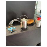 Assorted Kitchenware Including Foley Sifter, Metal Percolator, and Hand-Painted Wooden Bowl