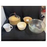Kitchenware Assortment Including Glass Mixing Bowls, Ceramic Bowls, Teakettle, and Dinnerware