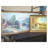 Two Framed Landscape Paintings featuring Mountain Lake and River Scene