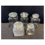 Set of Five Clear Glass Square Canisters with Lids