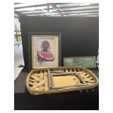 Framed Pictorial Review September 1924 Print, Framed Pastoral Sheep Print, Woven Basket, and Two Empty Frames