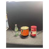 Assorted Advertising Tins and Coca-Cola Bottle