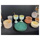 Mixed Decorative Planters, Ceramic Plates, and Hanging Mosaic Disc
