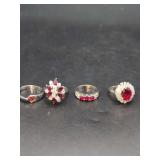 Four Piece Red Gemstone and Diamond Accented Ring Assortment in White Metal Settings