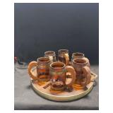 Amber Glass Barrel Mug Set with Wagon Wheel Tray