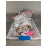 Box of Mixed Fashion Jewelry Pieces and Plastic Storage Bin