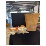 Wicker Basket with Assorted Linens and Textiles