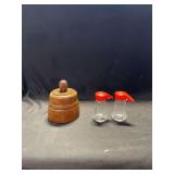 Wooden Kitchen Bell and Glass Cruets with Red Plastic Lids