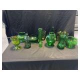Green Glass Assortment of Vases, Bowls, and Bottles