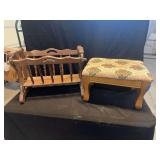 Wooden Magazine Rack and Upholstered Footstool Set