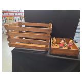 Wooden Slatted Crate and Shallow Wood Tray with Molded Character Figures