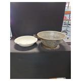 Metal Colander and Enameled Basin Pair