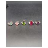 Group of Five Sterling Silver Rings with Colored Center Stones and Accent Gemstones
