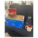 Kitchenware Assortment Including Rae Dunn Mug, Glass Pitcher, and Knife Set in Wood Box