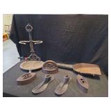 Cast Iron Household and Shoemaking Grouping Including Irons Cobbler Lasts Stand and Fireplace Shovel