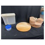 Kitchen Storage Assortment with Rotating Compartments and Wooden Board