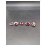 Five-Piece Red and White Gemstone Ring Assembly with Silver-Tone Metal Settings