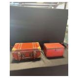 Two-Piece Storage Set Including Leatherette Suitcase and Red Painted Wooden Box