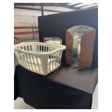 Household Assortment Including Plastic Laundry Basket and Mirrors