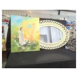 Framed Canvas Painting Signed Sheldon and Wicker Wall Mirror