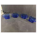 Cobalt Blue Glass Creamer and Sugar Bowl Set with Chevron Motif