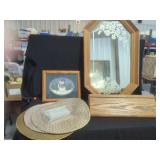 Home Decor Set Featuring Etched Glass Mirror, Oak Shelf, Framed Art, and Table Linens