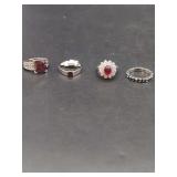 Assorted Red and Black Stone Rings in Silver Tone Metal