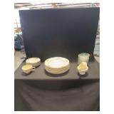 Homer Laughlin Dinnerware Set with Floral Motif and Pressed Glass Bowls