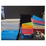 Assorted Plastic Storage Bins, Baskets, and Jewelry Display Board