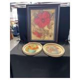 Three Framed Floral Prints Including Red Hibiscus and Mixed Bouquets