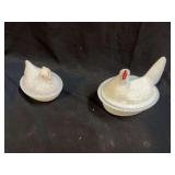 Two White Milk Glass Hen on Nest Covered Dishes