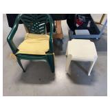 Green Plastic Armchair and White Plastic Stool with Yellow Cushion