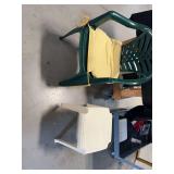 Green Plastic Armchair and White Plastic Stool with Yellow Cushion
