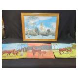 Framed Aspen Forest Dimensional Textured Art and Three Horse Lithograph Prints