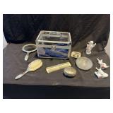 Vanity Set with Mirror, Brush, Comb, Trinket Box, and Porcelain Figurines in Acrylic Case