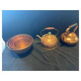 Assorted Copper Kitchenware Including Kettles and Nested Bowls