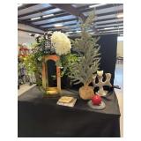 Home Decor Grouping Featuring Gold Metal Stand with Artificial Foliage, Mini Pine Tree, Stone Candlestick, and Marble Accessories