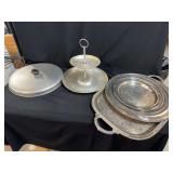 Assorted Metal Serving Trays, Two-Tier Stand, and Lid