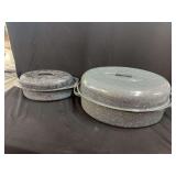 Two Enamelware Roasting Pans with Lids