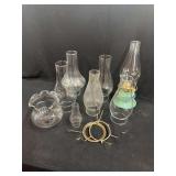 Assorted Glass Lamp Chimneys, Light Shade, and Metal Holder