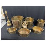 Assorted Brass Decoratives Including Planters, Hand Bell, and Eagle Motif Mirror