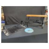 Cast Iron Paper Towel Holder, Metal Tray with Horseshoe Handles, and Painted Circular Saw Blade
