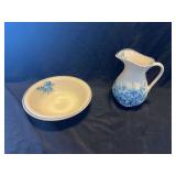 Brazilian Ceramic Pitcher and Bowl Set with Hand Painted Blue Floral Motifs
